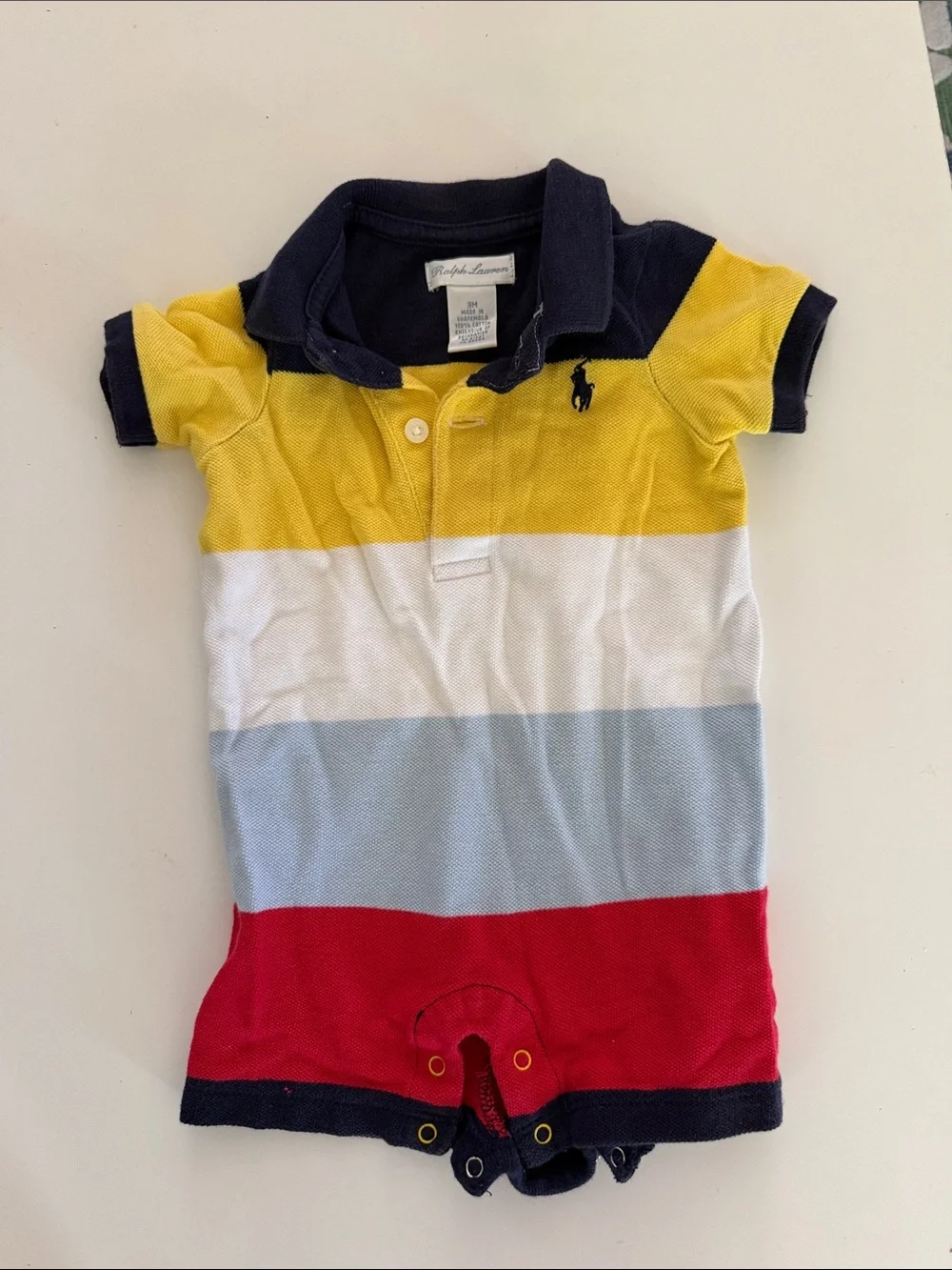 Ralph Lauren Striped Polo Romper - Yellow, White, Light Blue, Red, Navy